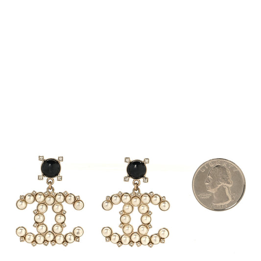 Resin Crystal Pearl CC Drop Earrings Black Gold