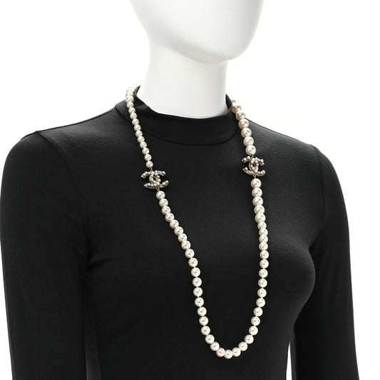 Crystal Pearl CC Long Necklace Gold
