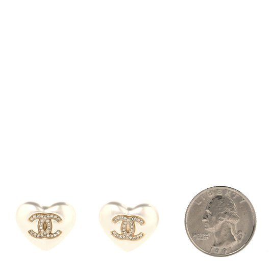 Pearl Crystal CC Heart Earrings Gold
