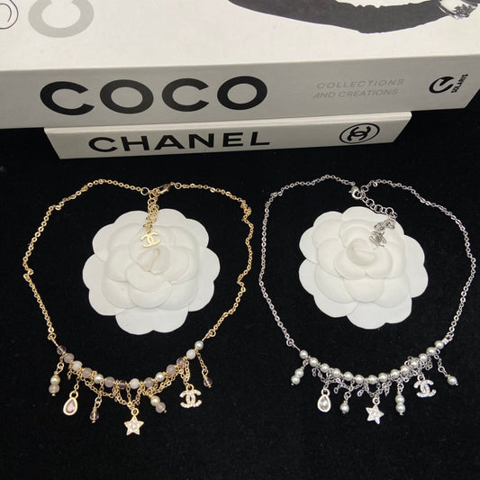 CHANEL Gold-Tone Pink Bead Pearl Crystal CC Charm Fringe Necklace