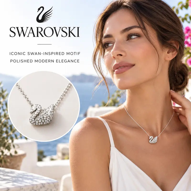 Swarovski Swan Pendant Necklace in Gold-Tone – Black Detail