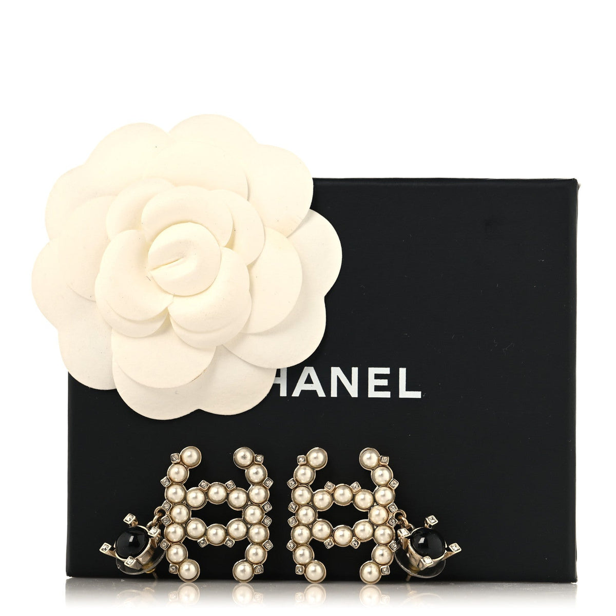 Resin Crystal Pearl CC Drop Earrings Black Gold