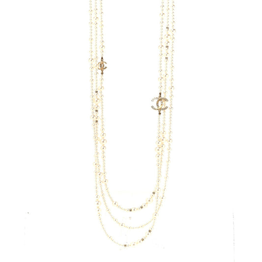 Metal Pearl Crystal Graduated CC Multi Strand Necklace Gold