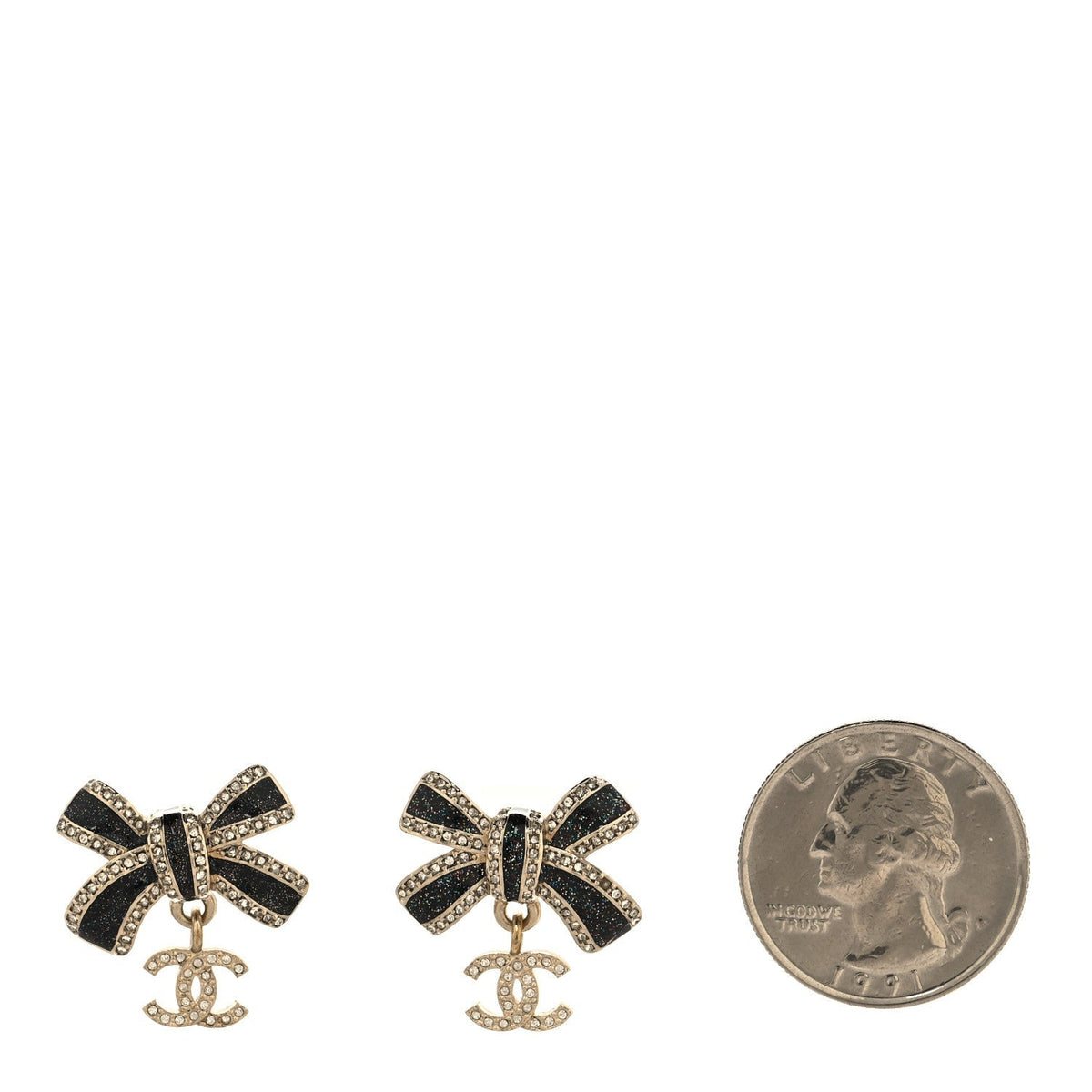 Crystal Glitter Bow Drop CC Earrings Gold Black