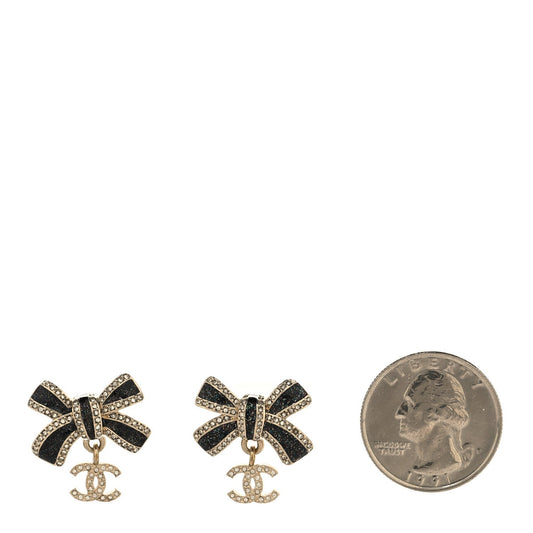 Crystal Glitter Bow Drop CC Earrings Gold Black
