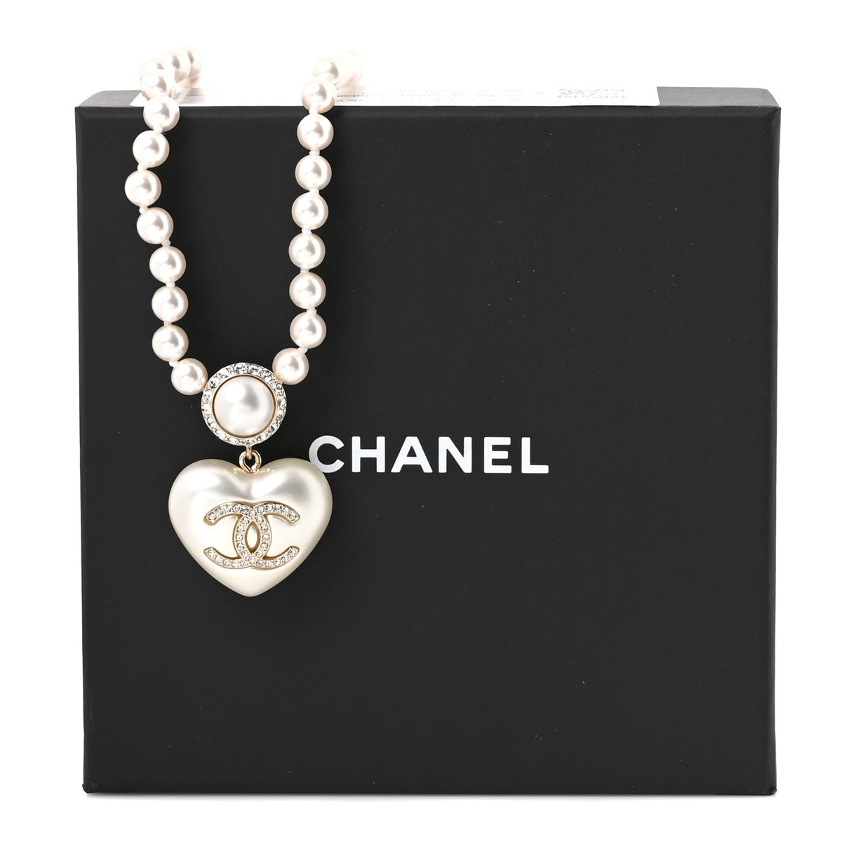Pearl Crystal CC Heart Short Necklace Pearly White Gold