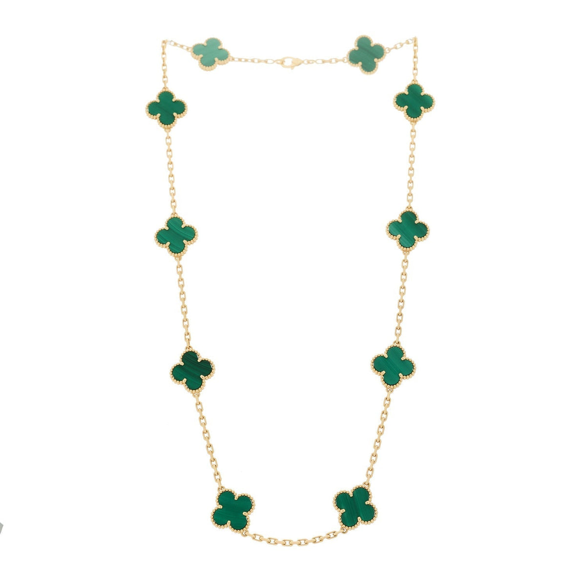18K Yellow Gold Malachite 10 Motifs Vintage Alhambra Necklace