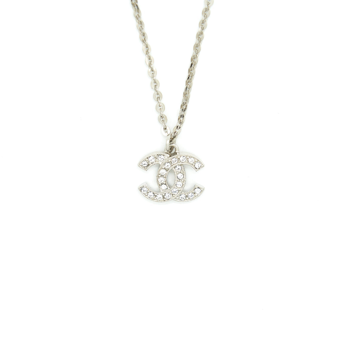 CHANEL CC LOGO CRYSTAL NECKLACE SILVER TONE