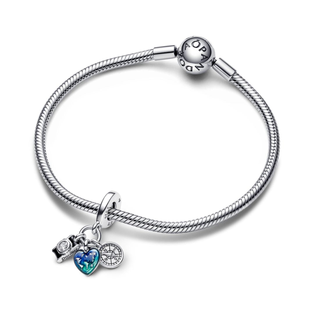 Pandora Moments Camera, Heart & Compass Triple Hela, Silver, 792703C01