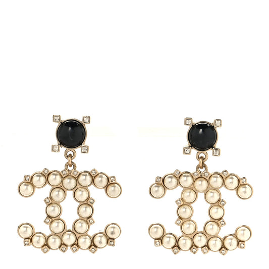 Resin Crystal Pearl CC Drop Earrings Black Gold