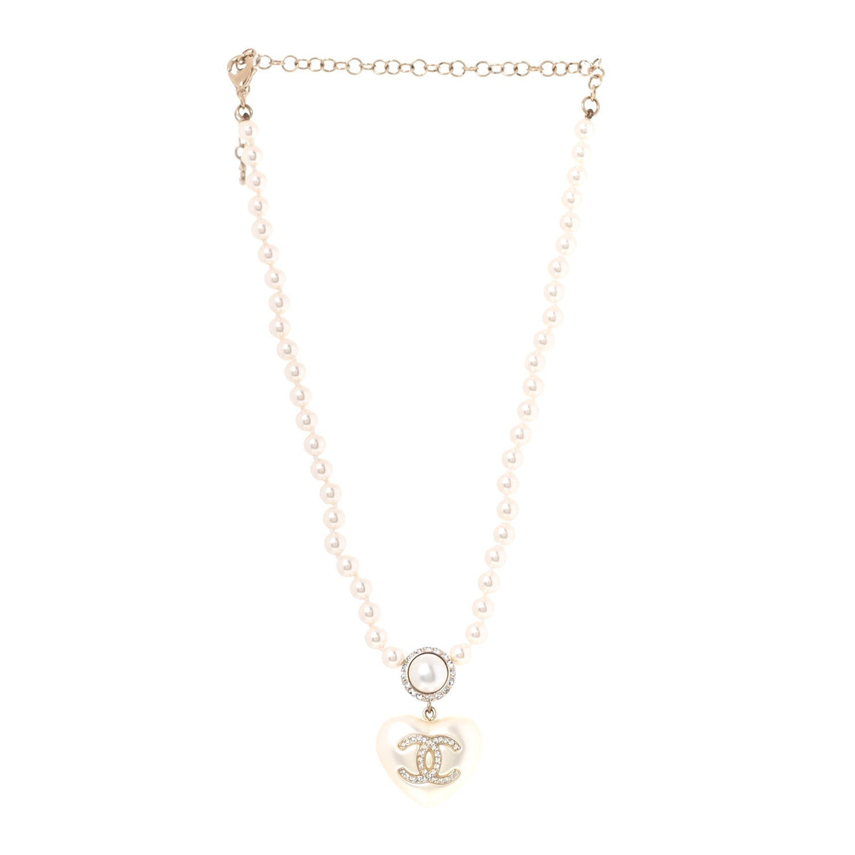 Pearl Crystal CC Heart Short Necklace Pearly White Gold