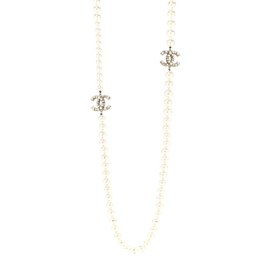 Crystal Pearl CC Long Necklace Gold