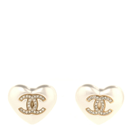 Pearl Crystal CC Heart Earrings Gold