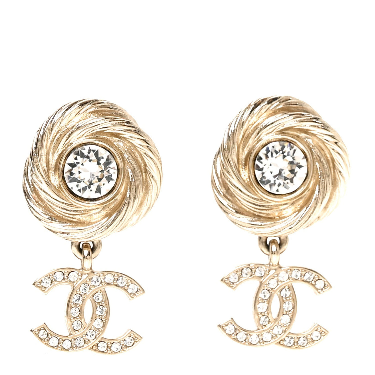 Metal Crystal CC Drop Earrings Gold