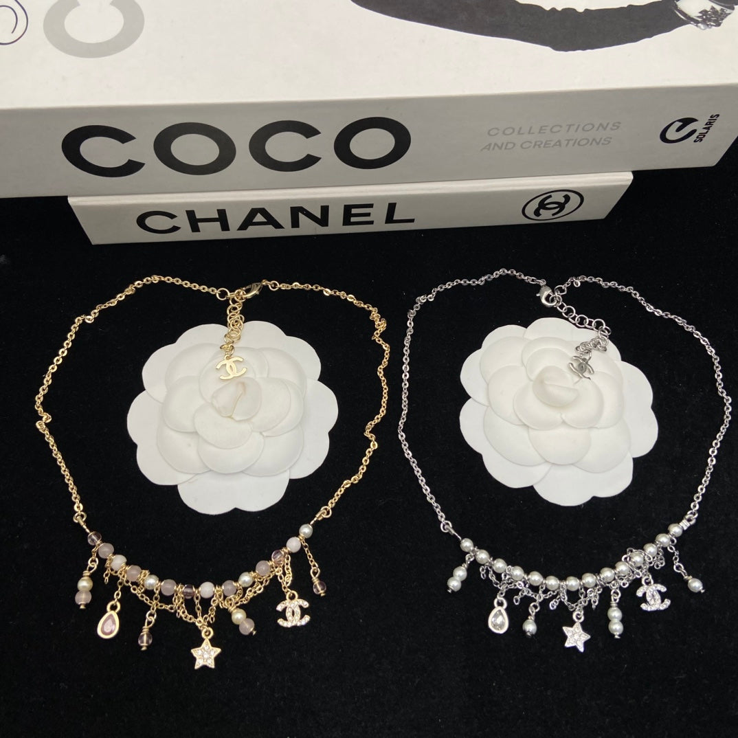 CHANEL Gold-Tone Pink Bead Pearl Crystal CC Charm Fringe Necklace